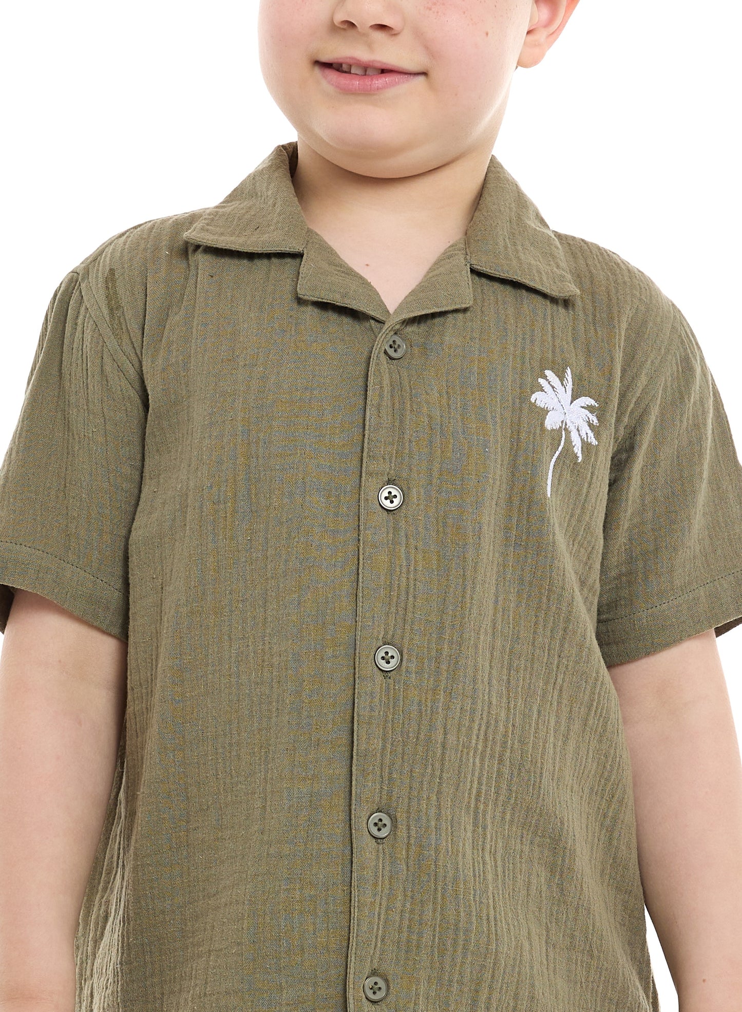 Boys' Casual Cotton Shirt & Shorts Set with pocket Embroidery Motif – Short Sleeve Outfit - Olive