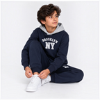 victor and jane boys navy fleece hoodie and jogger set with Brooklyn NY graphic print worn by a young boy