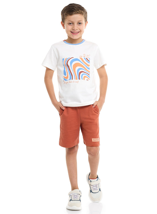 Victor and Jane Cotton Round Neck T-Shirt & Shorts Set – Detailed Print - Off White and Rust