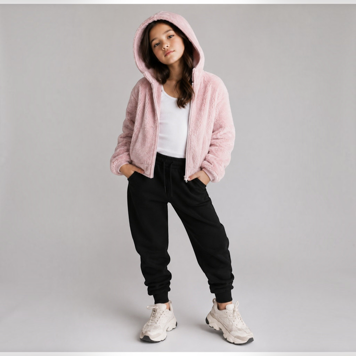 victor and jane girls pink faux fur full zip hooded jacket worn over a white tank top with black joggers