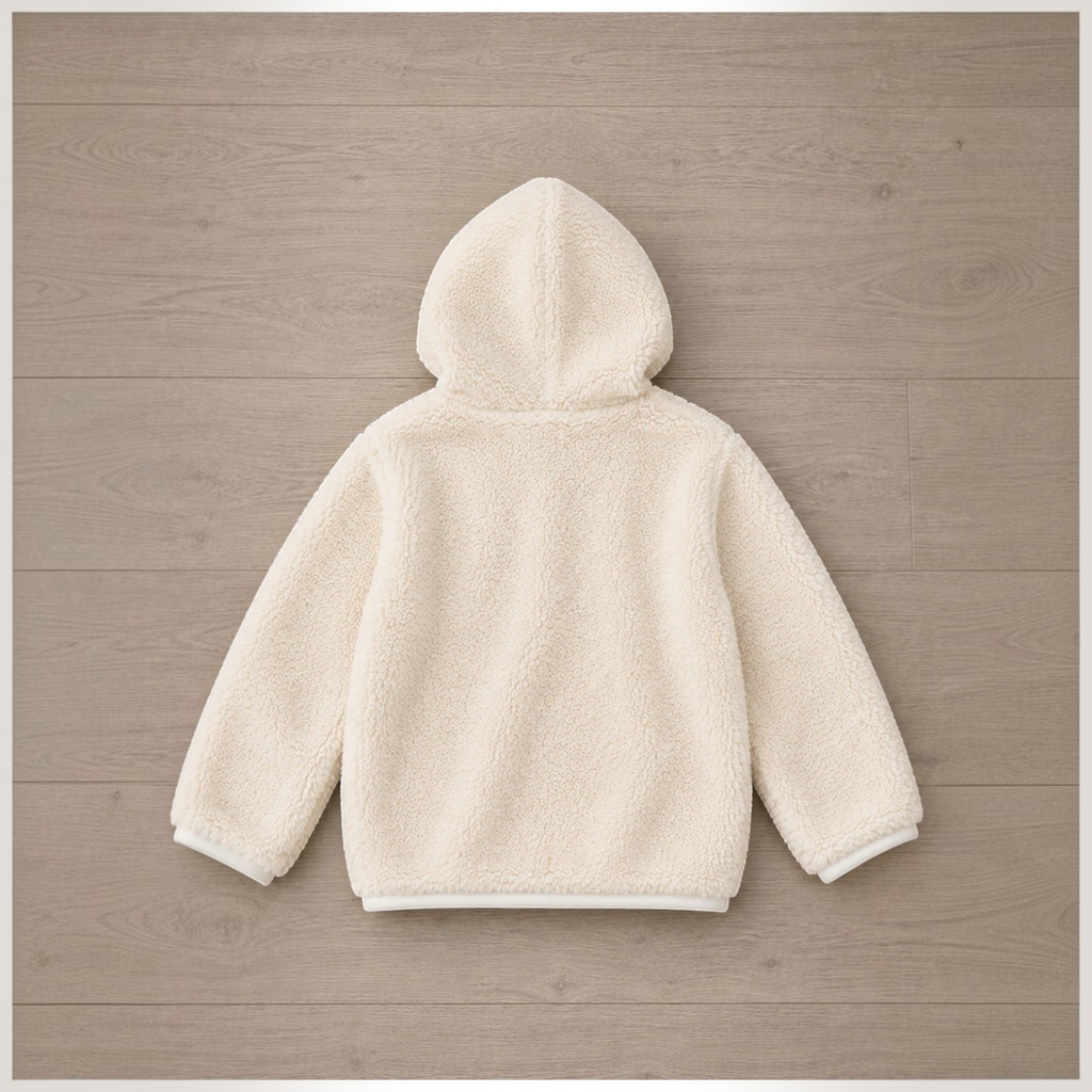 victor and jane girls cream faux fur full zip hooded jacket viewed from the back on a wooden floor