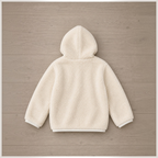 victor and jane girls cream faux fur full zip hooded jacket viewed from the back on a wooden floor