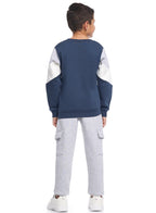 Victor And Jane Cotton Solid Full Sleeves Sweatshirt & Cargo Joggers Set - Navy Blue & Grey