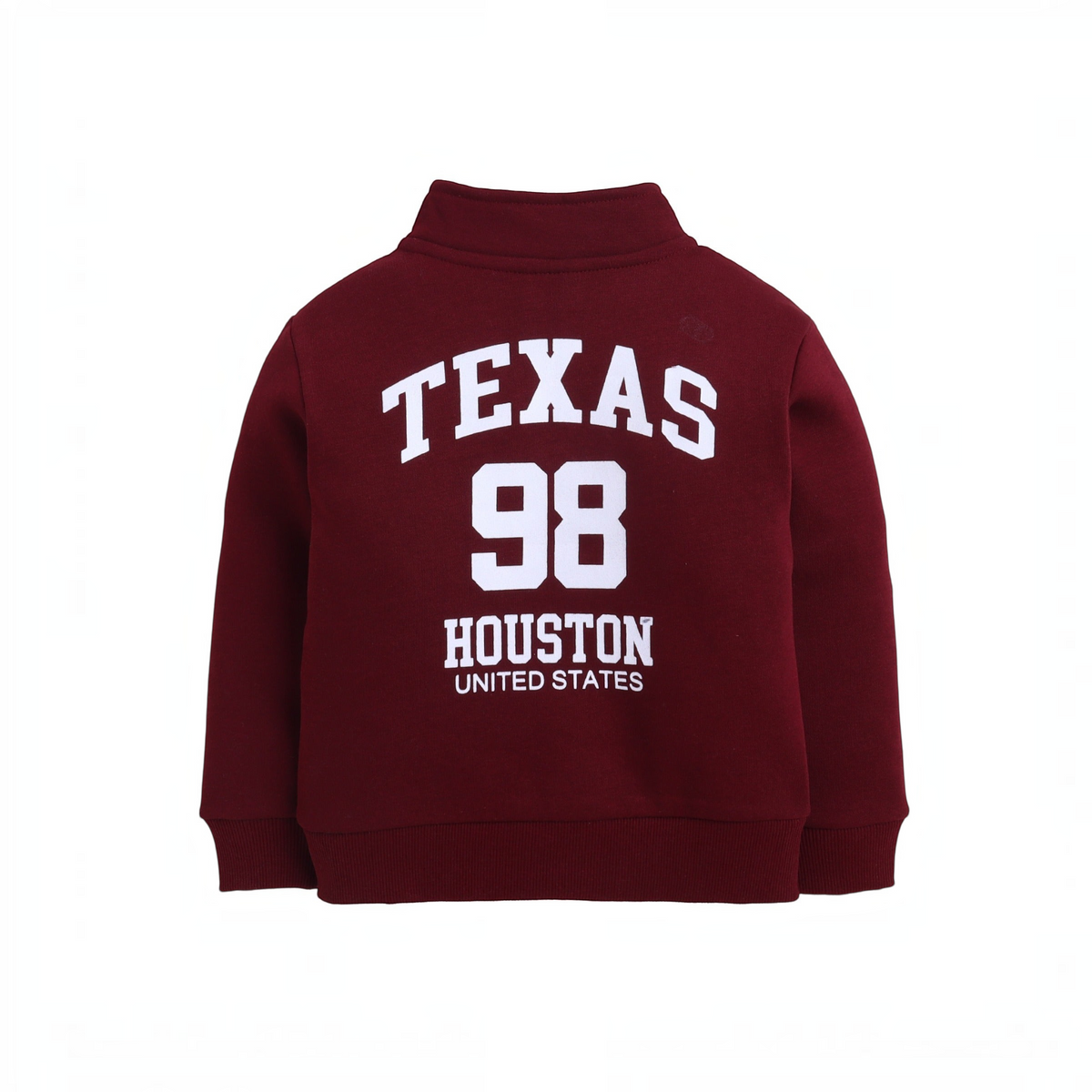 victor and jane boys maroon zip-up sweatshirt with white Texas 98 Houston graphic print on the back