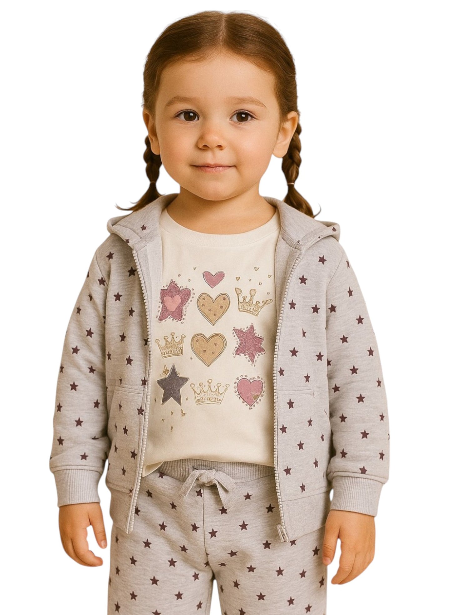 Baby Girl Heart & Star Cotton Fleece 3-Piece Set – Light Grey & Pink