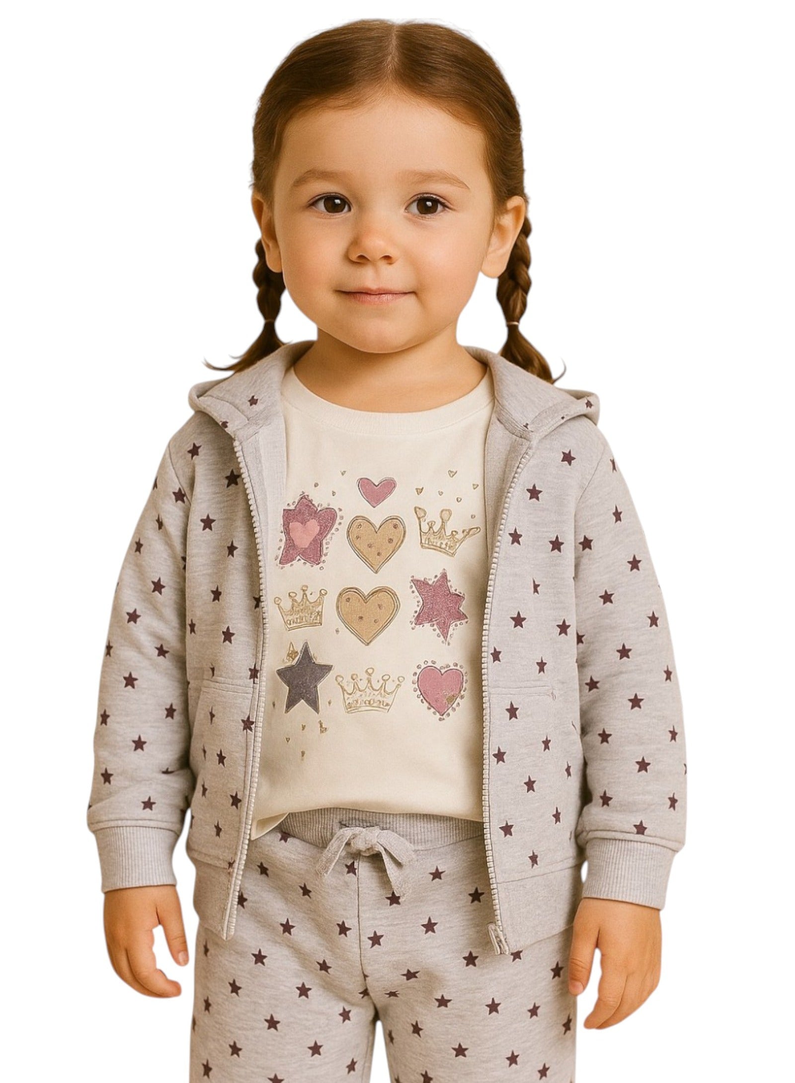 Baby Girl Heart &Amp; Star Cotton Fleece 3-Piece Set “ Light Grey &Amp; Pink
