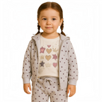 Young girl wearing a victor and jane 3-piece set featuring a grey star-print zip hoodie, matching pants, and graphic tee