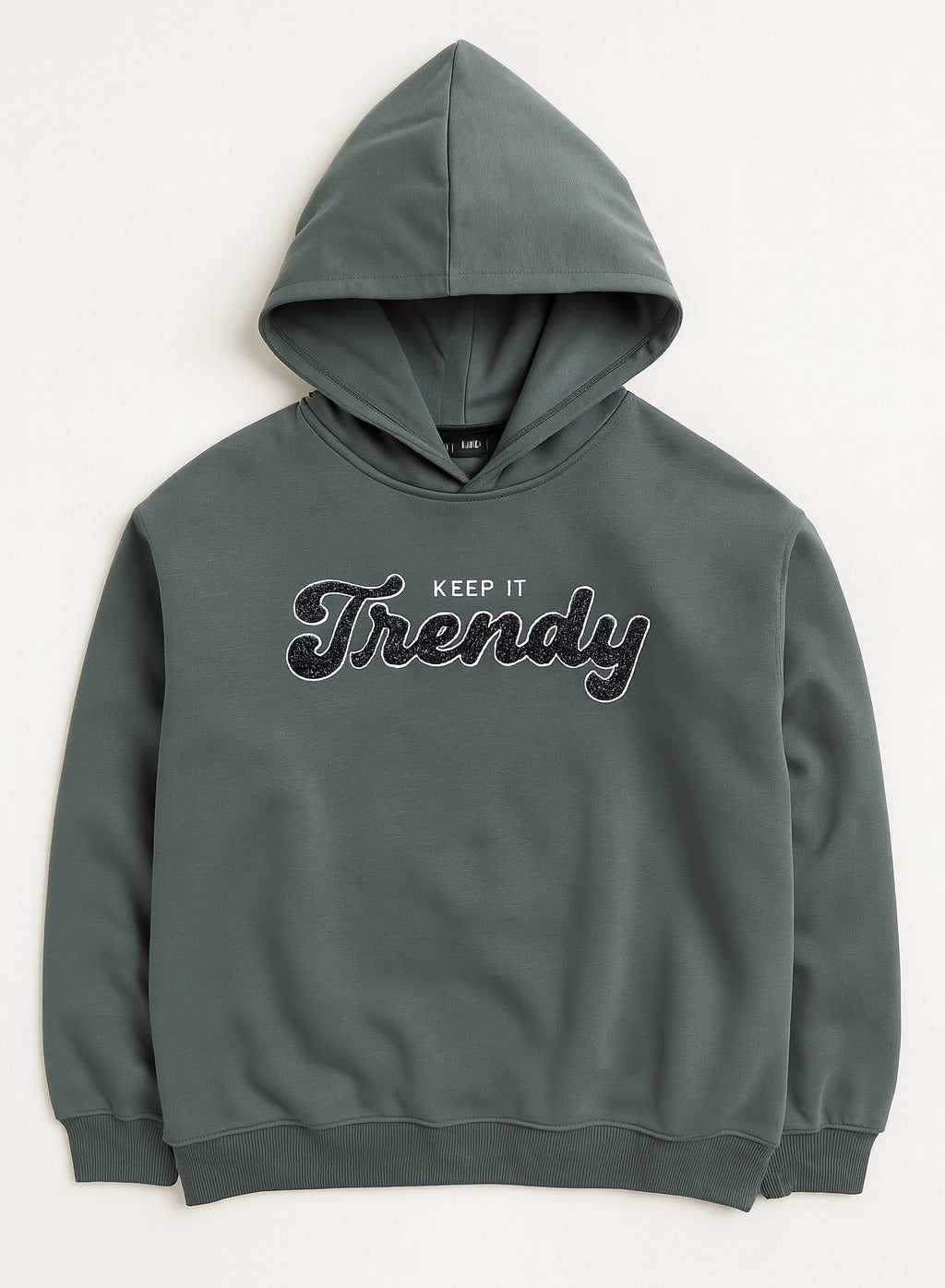 “Keep It Trendy” Graphic Hoodie for Girls – Teal Blue | 100% Cotton Fleece |