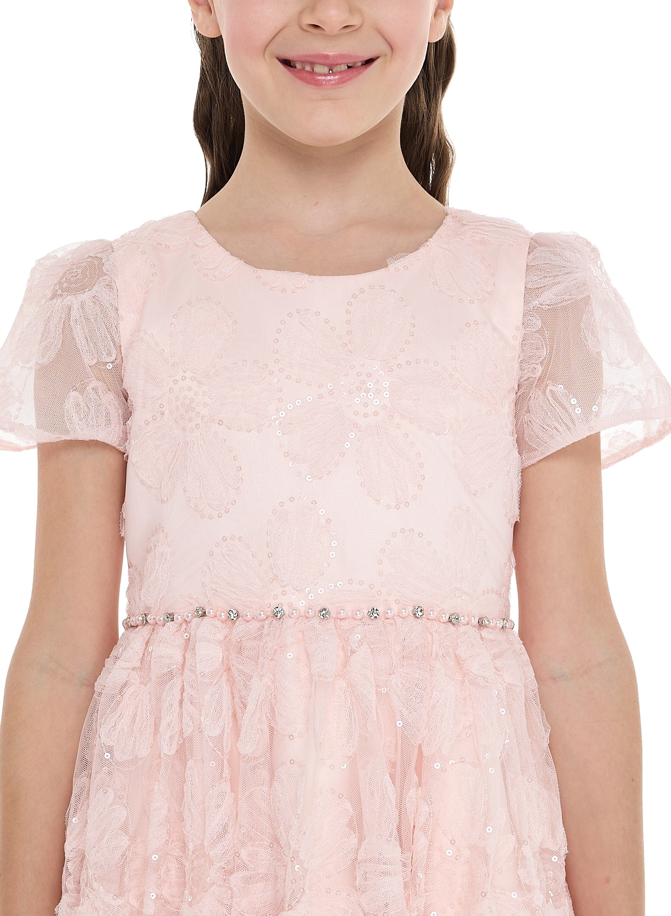 Girls Pink Flower Sequin Dress