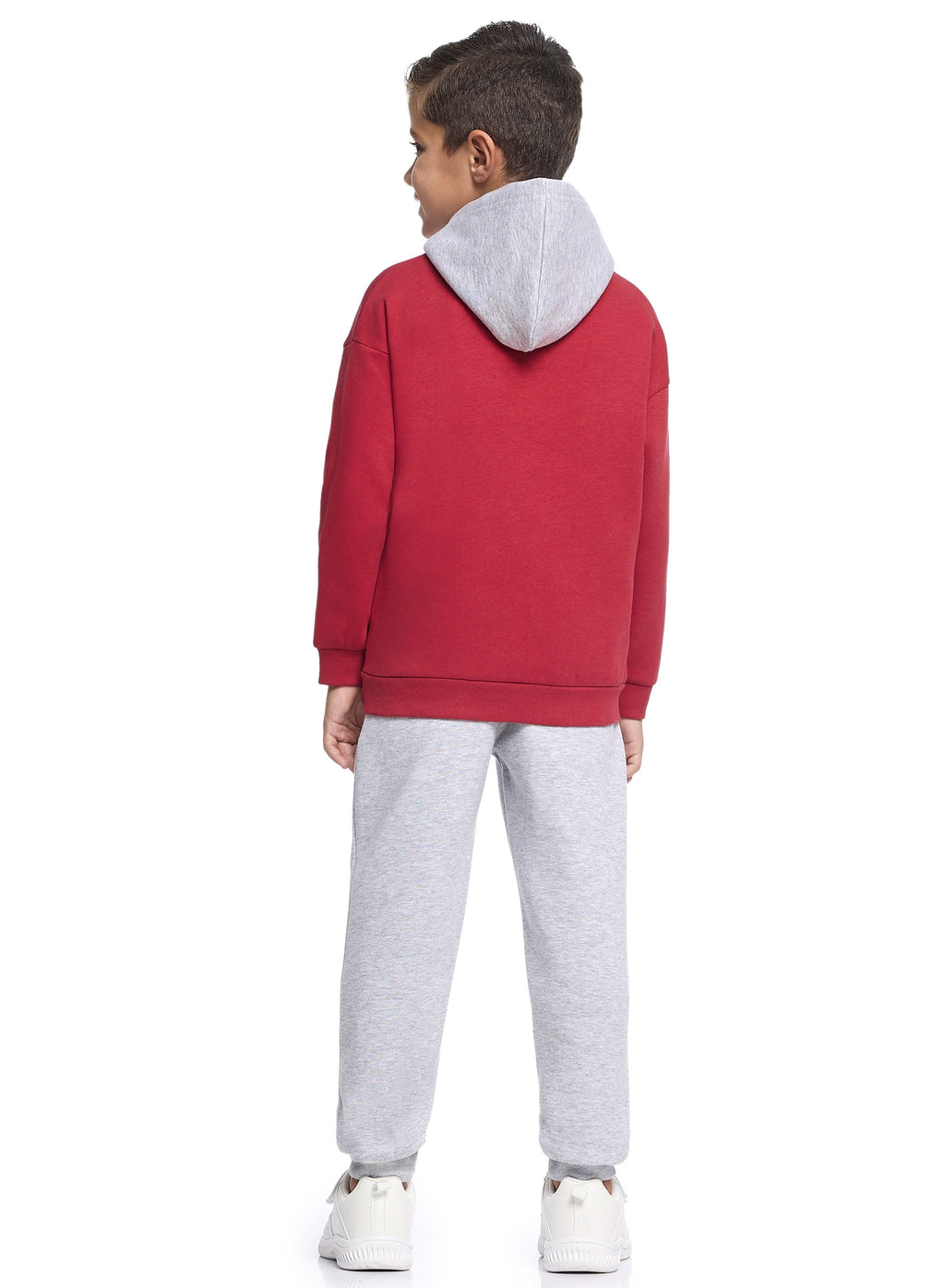 Victor And Jane Cotton Brooklyn Patch & 23 Printed Full Sleeves Hoodie & Joggers Set - Red & Grey