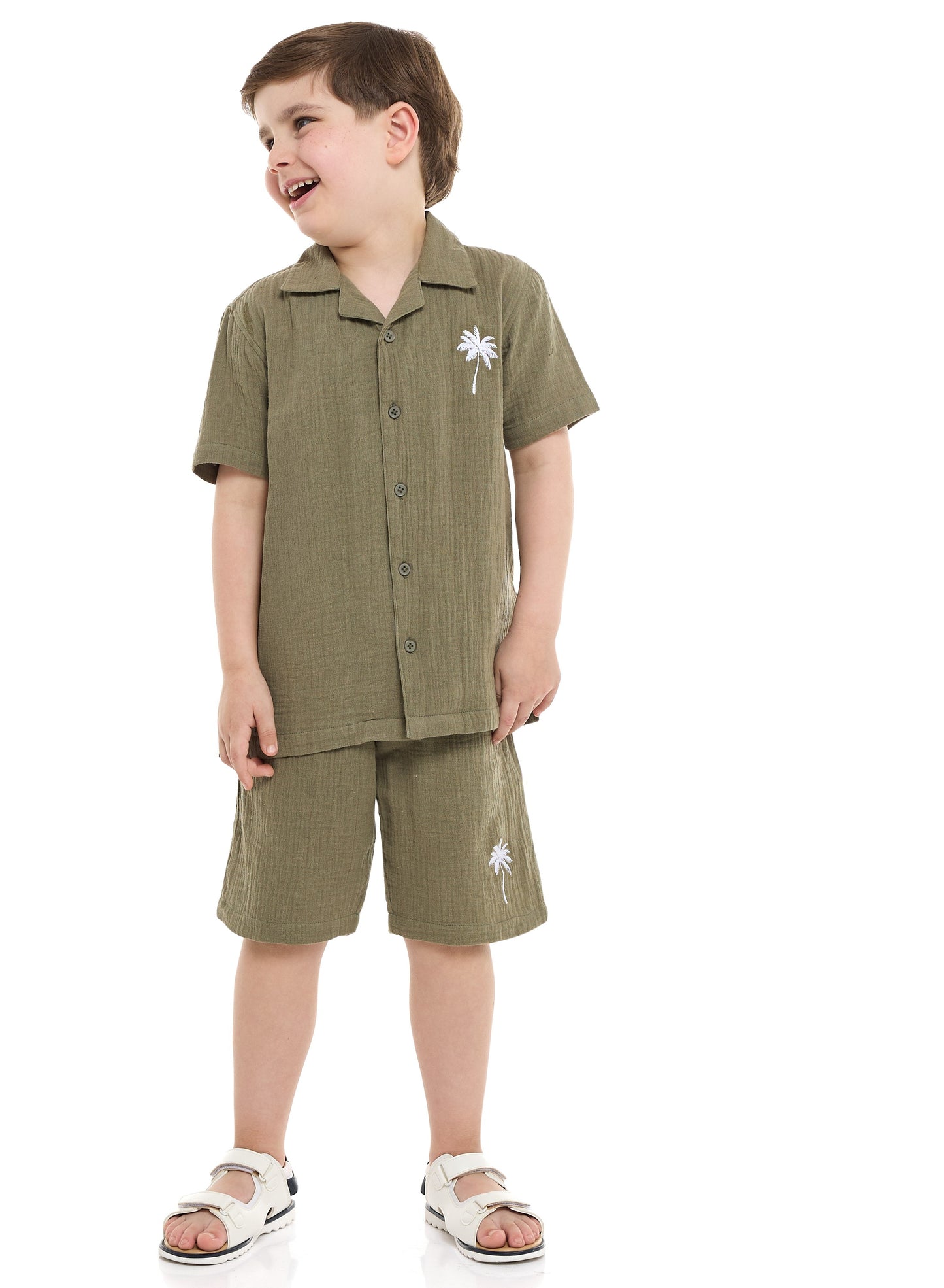 Boys' Casual Cotton Shirt & Shorts Set with pocket Embroidery Motif – Short Sleeve Outfit - Olive