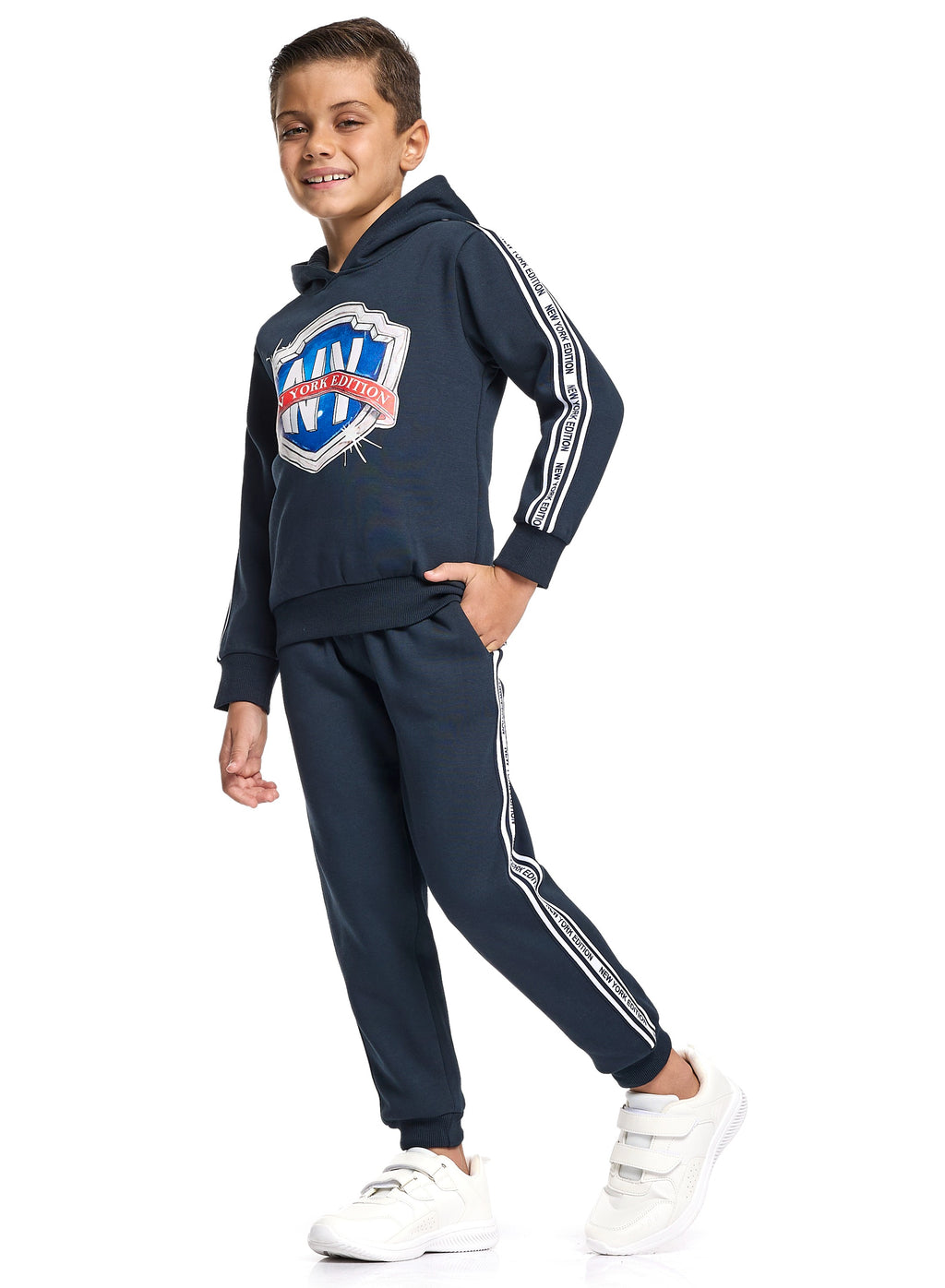 Victor And Jane Cotton Ny Badge Graphic & Side Tape Detailed Full Sleeves Hoodie & Joggers Co-Ord Set - Navy Blue