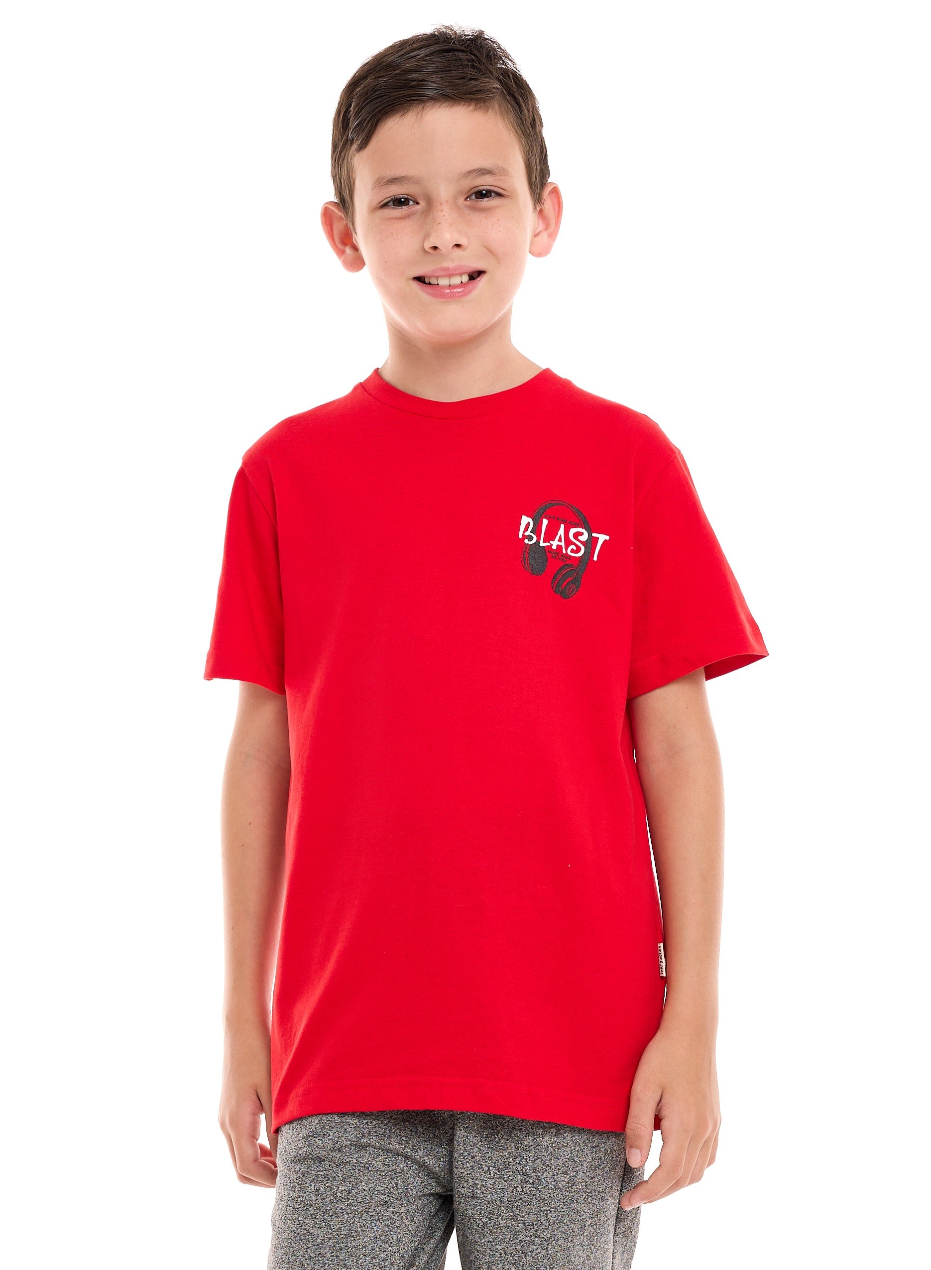 Victor and Jane Cotton Headphone Graphic T-Shirt & Shorts Set - Red & Grey