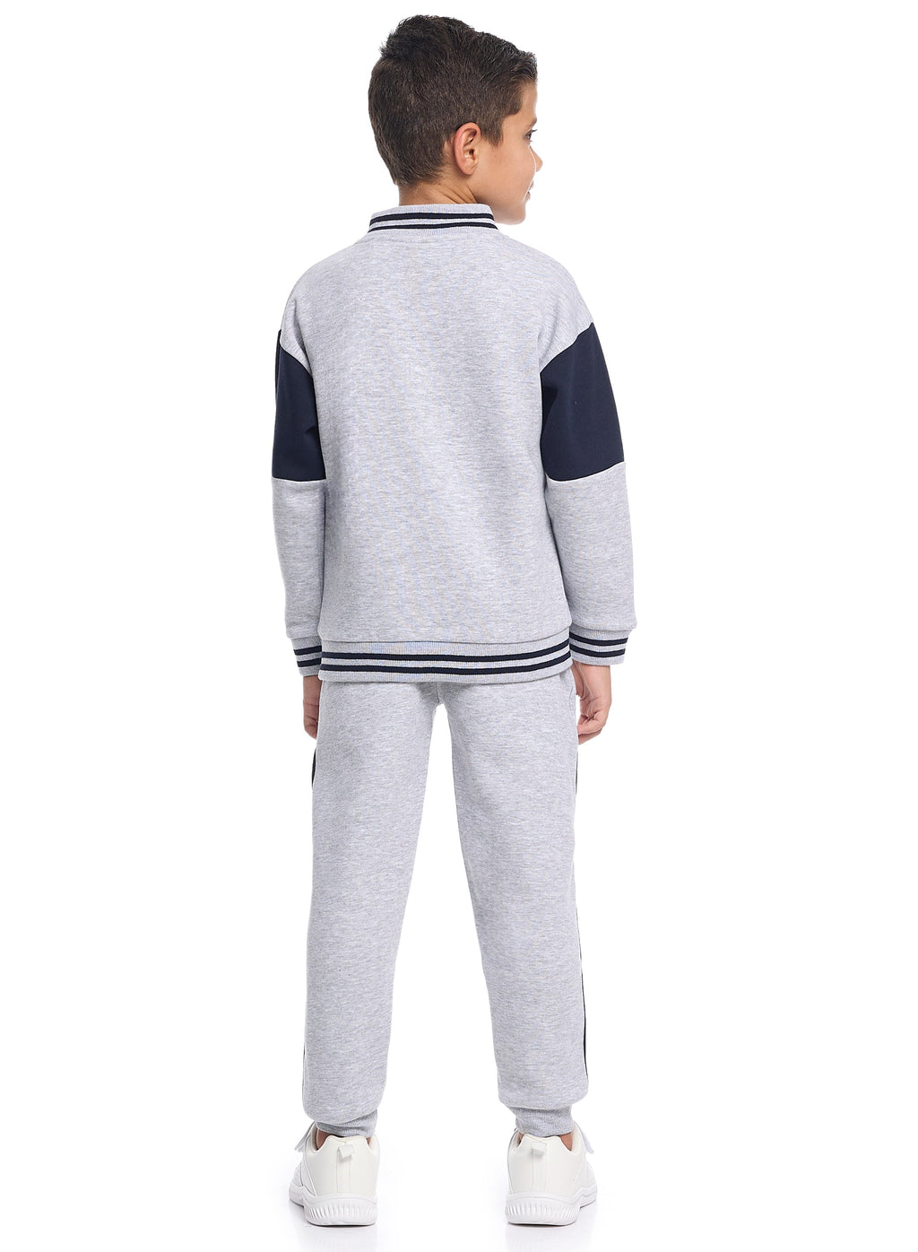 Victor And Jane Cotton La Patch & Printed Full Sleeves Zip Neck Varsity Sweatshirt & Joggers Co-Ord Set - Grey & Navy Blue