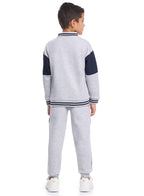 Victor And Jane Cotton La Patch & Printed Full Sleeves Zip Neck Varsity Sweatshirt & Joggers Co-Ord Set - Grey & Navy Blue