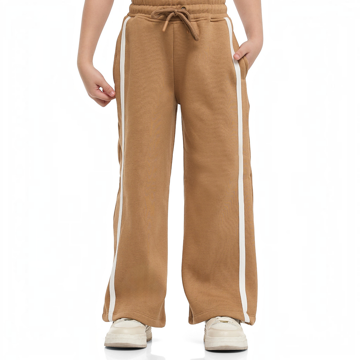 victor and jane girls tan wide-leg sweatpants with white side stripes and an adjustable drawstring waist