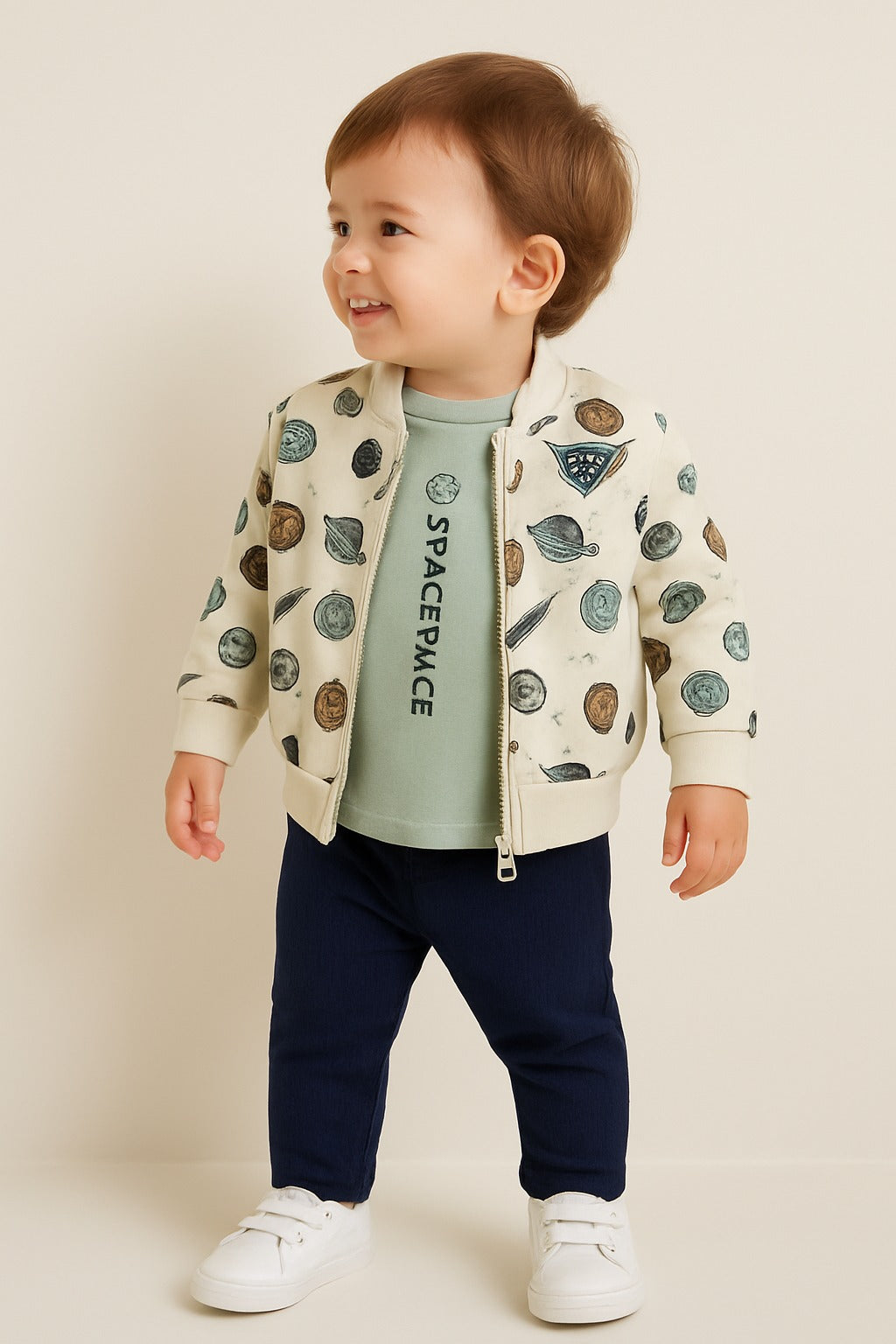 Infant Boys Space Race 3-Piece Fleece Set – Cream & Navy