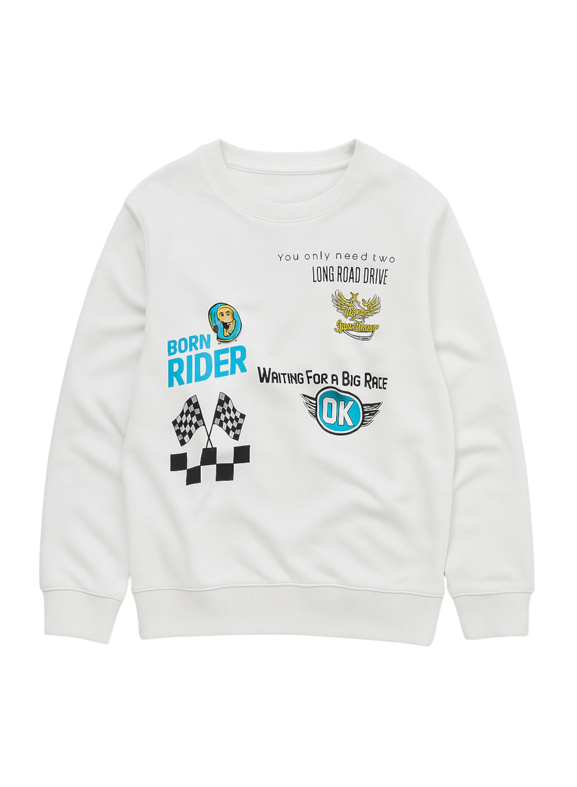 Victor And Jane Cotton Riding Theme Print Full Sleeves Sweatshirt & Joggers Set - White & Grey