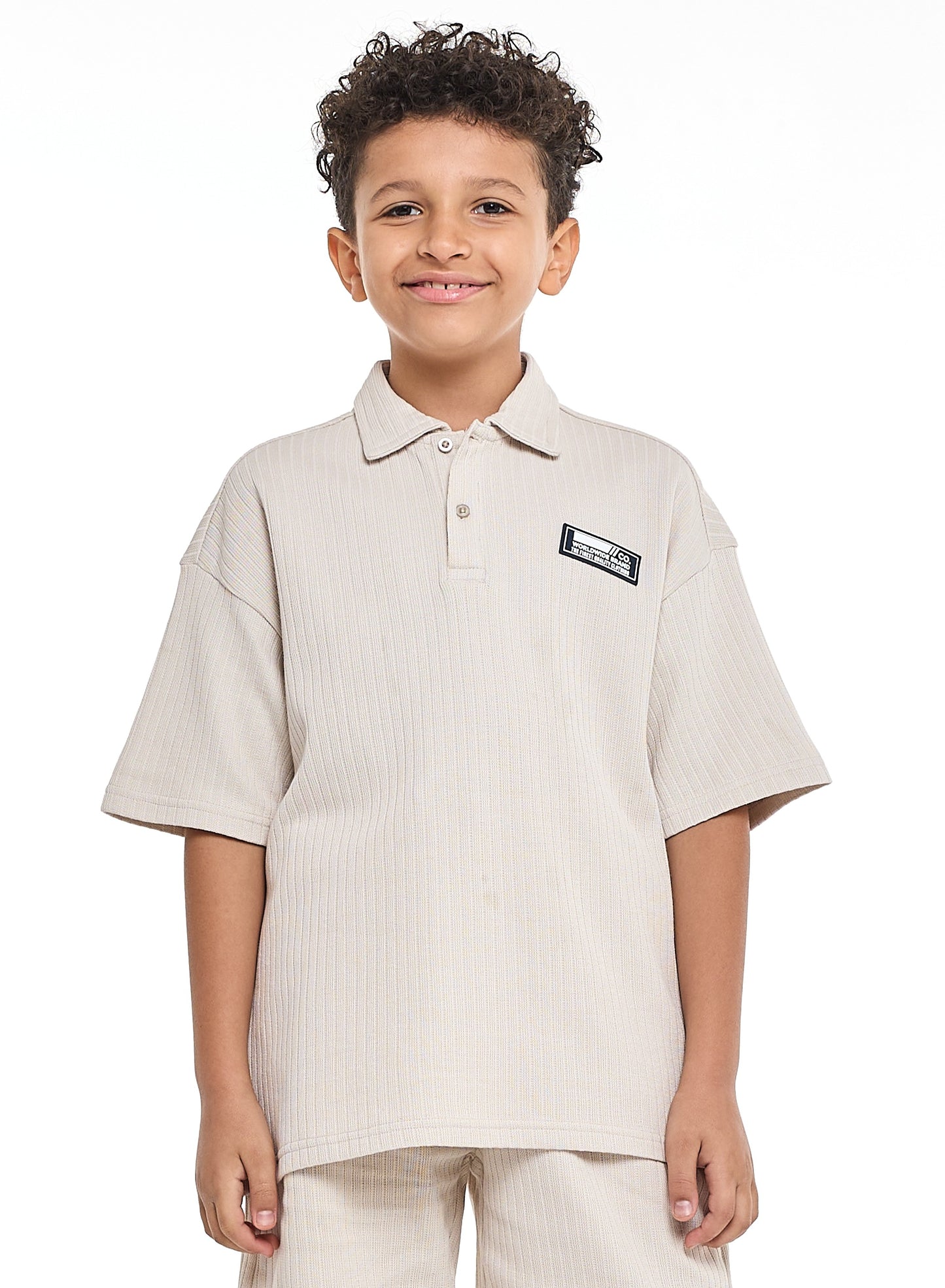 Victor and Jane Boys' Jacquard Set – Beige 2-Piece Outfit with Patch Polo T-shirt and Shorts