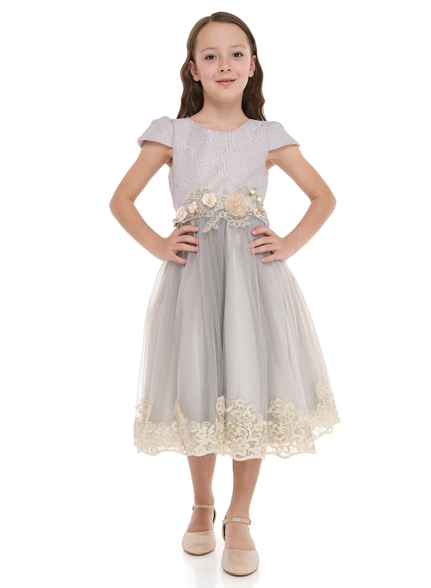 Grey/Gold Jacquard And Tulle Dress With Lace