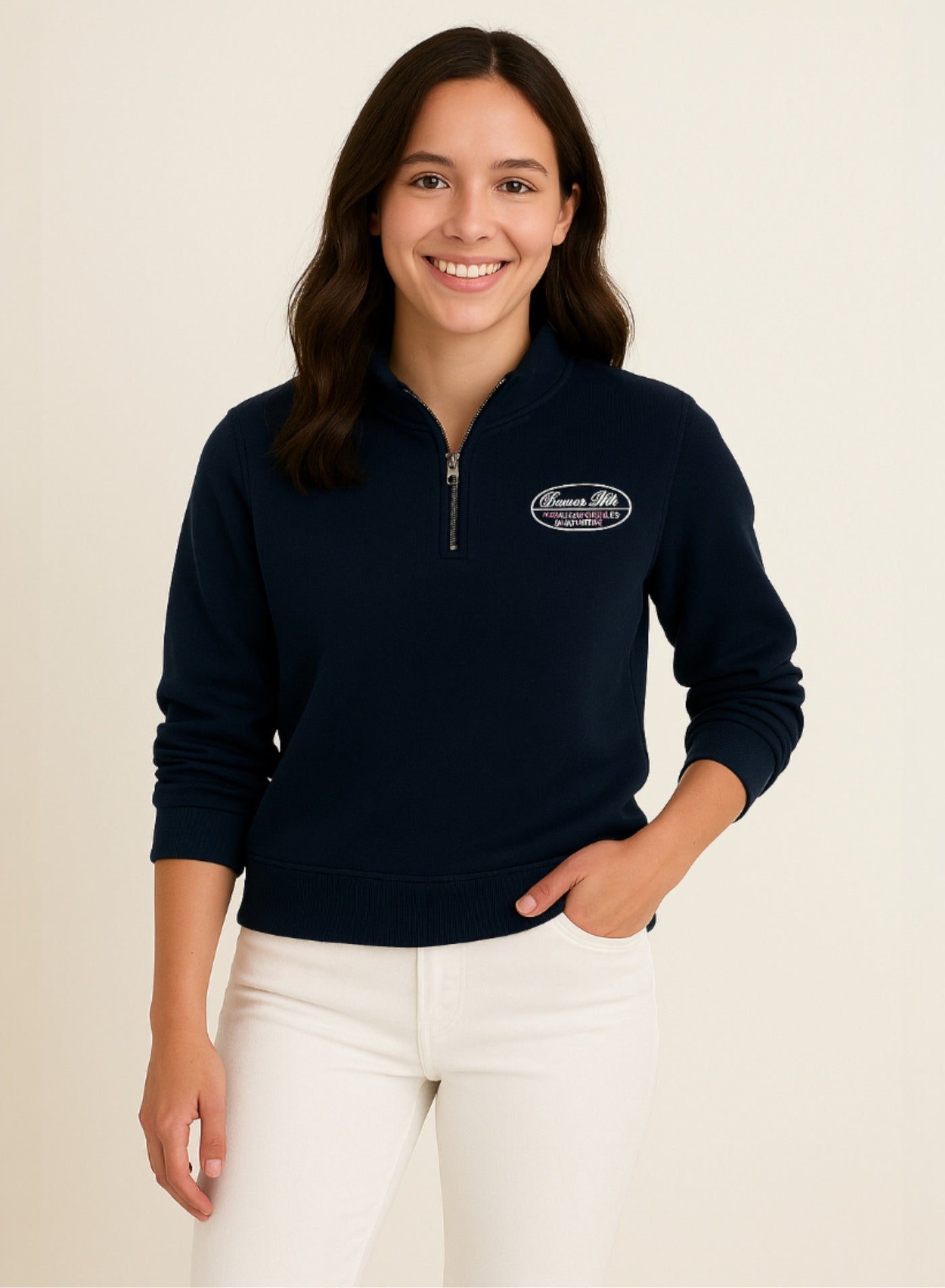 “Sports Club” Girls' Half-Zip Sweatshirt – Navy | 100% Cotton Fleece |