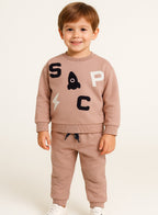 Dirkje Cotton Space Graphic & Patch Appliques Detailed Sweatshirt & Joggers Set - Sand