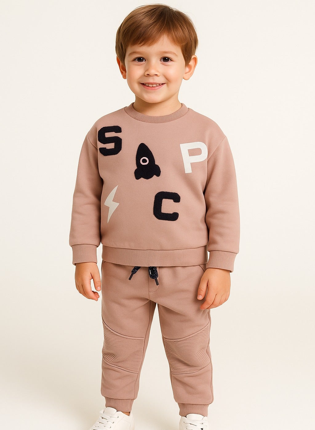 Dirkje Cotton Space Graphic & Patch Appliques Detailed Sweatshirt & Joggers Set - Sand