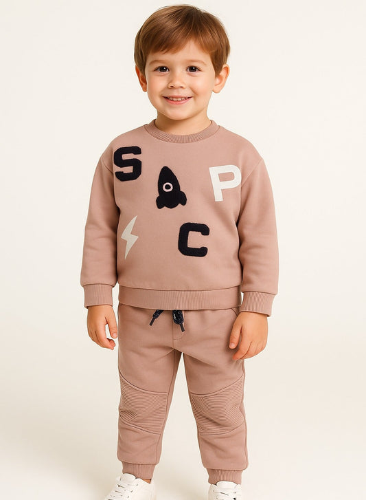 Boys Space Patch Fleece Tracksuit – Sand- 2-Piece Set