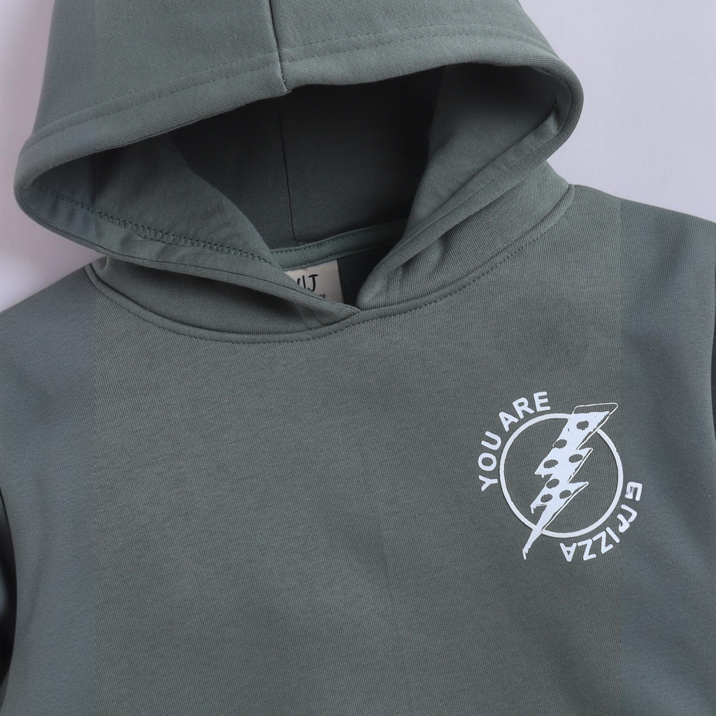 victor and jane boys olive green hoodie with a white pizza slice lightning bolt graphic on the chest
