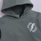 victor and jane boys olive green hoodie with a white pizza slice lightning bolt graphic on the chest