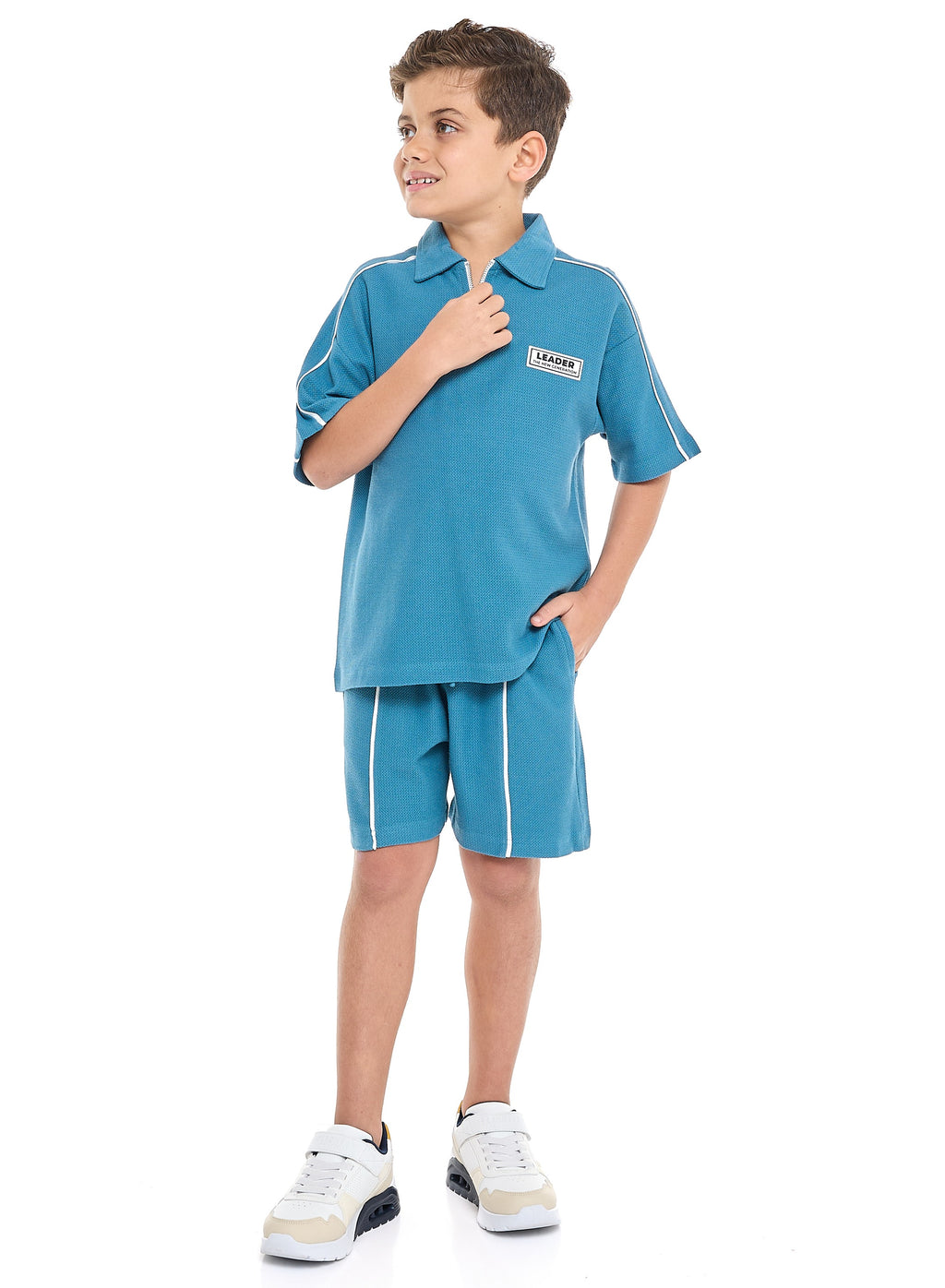 Regular Fit - Boys' Jacquard Teal 2-Piece Set - Half Zipper Polo T-Shirt And Matching Shorts With Pockets,