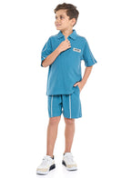 Regular Fit - Boys' Jacquard Teal 2-Piece Set - Half Zipper Polo T-Shirt And Matching Shorts With Pockets,