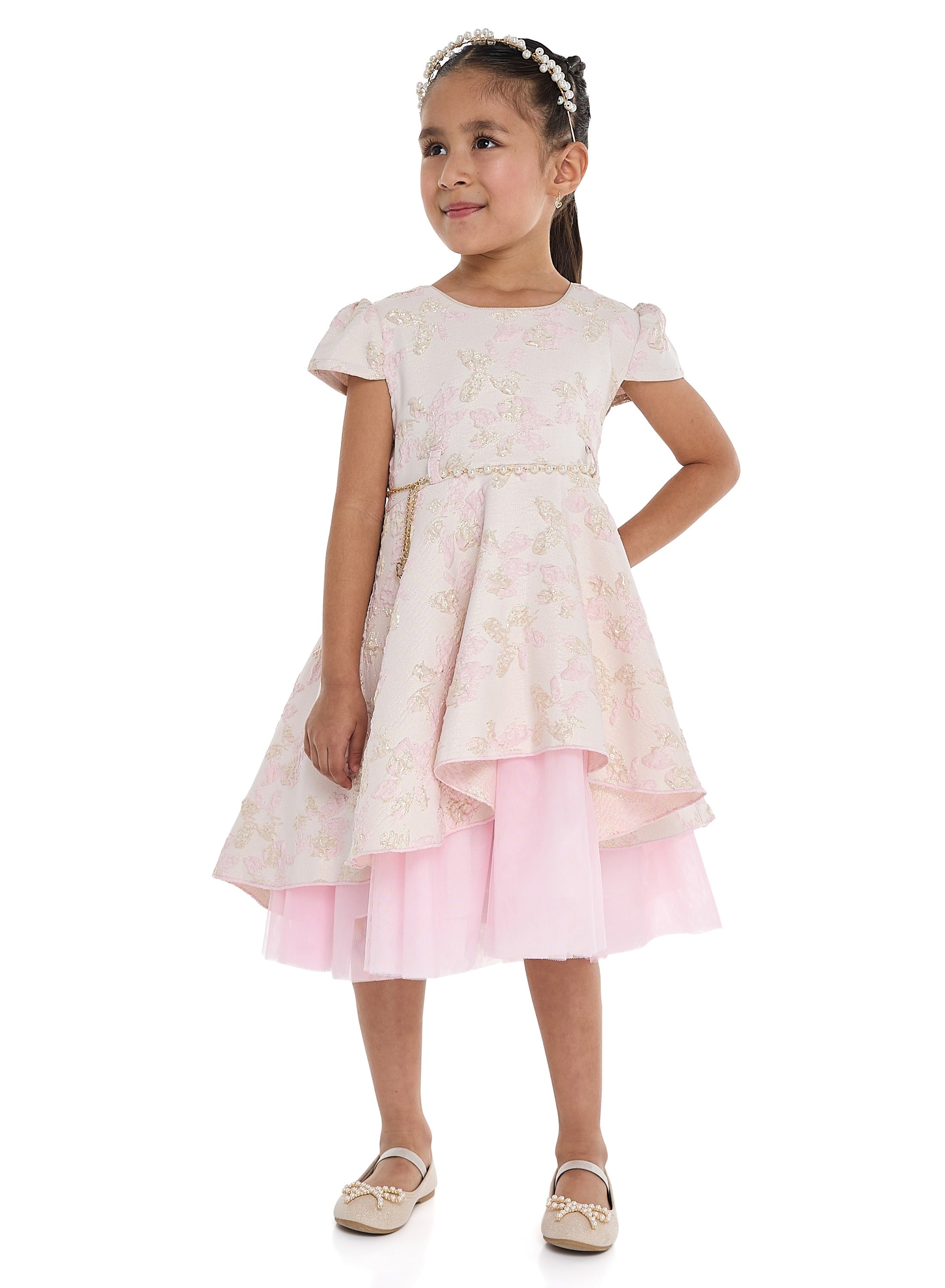 Girls Elegant Pink/Gold Jacquard & Tulle Party Dress