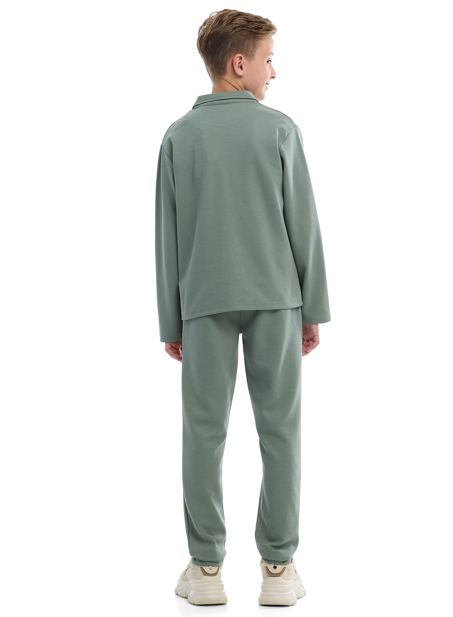 Boys Olive Green Twill Co-ord Set | Zipper Shirt & Jogger Pant | Kids Utility Style Outfit