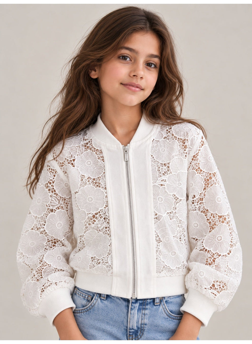 Girls Floral Lace full Zip Bomber Casual Jacket