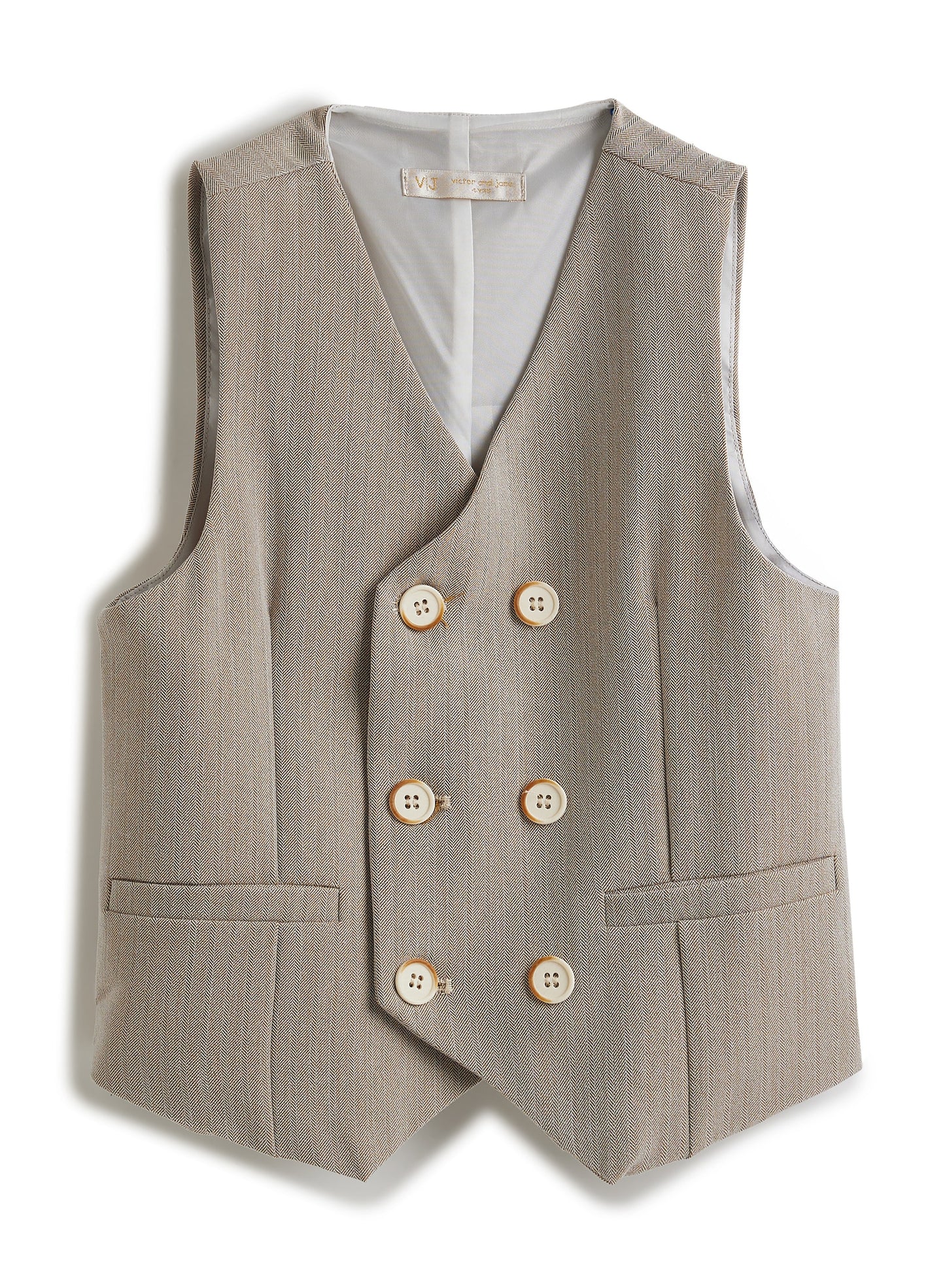 Ecru/Taupe Waistcoat And Pant Set With Shirt And Bow Tie