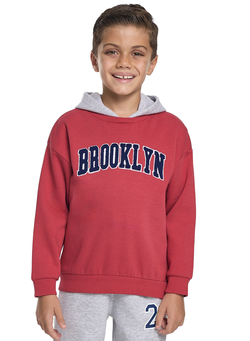 Victor And Jane Cotton Brooklyn Patch & 23 Printed Full Sleeves Hoodie & Joggers Set - Red & Grey