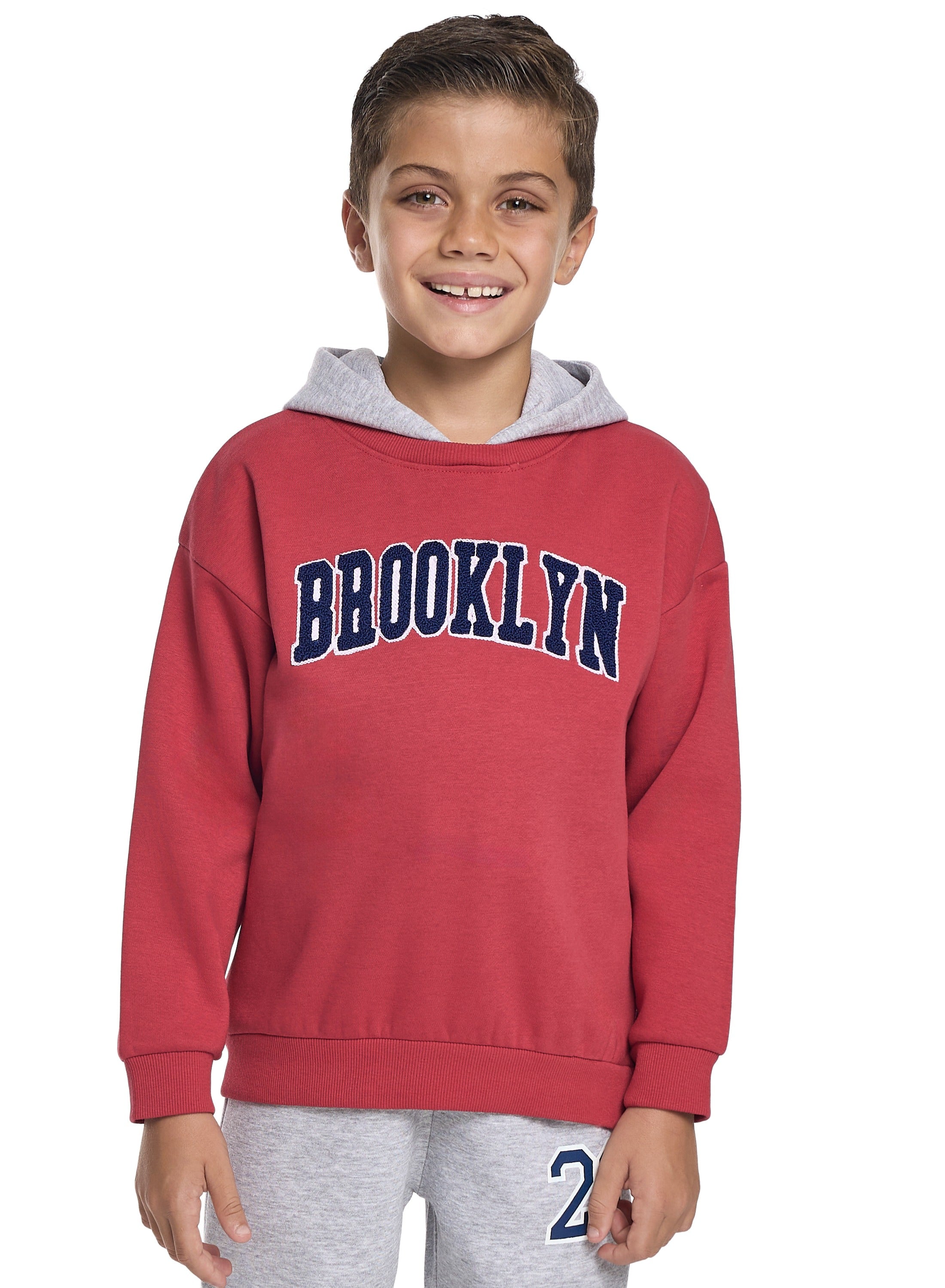 Victor And Jane Cotton Brooklyn Patch & 23 Printed Full Sleeves Hoodie & Joggers Set - Red & Grey
