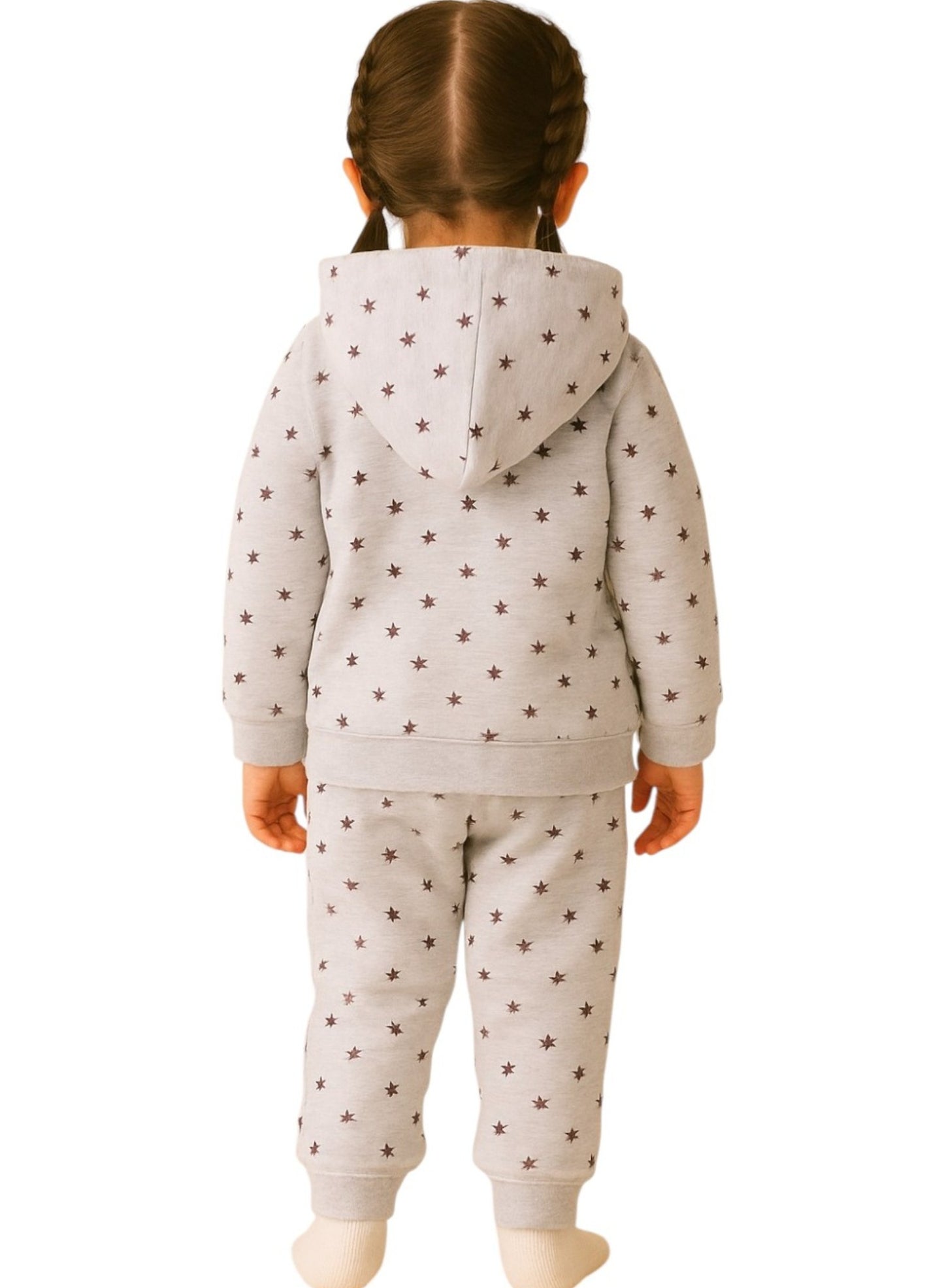 Baby Girl Heart & Star Cotton Fleece 3-Piece Set – Light Grey & Pink