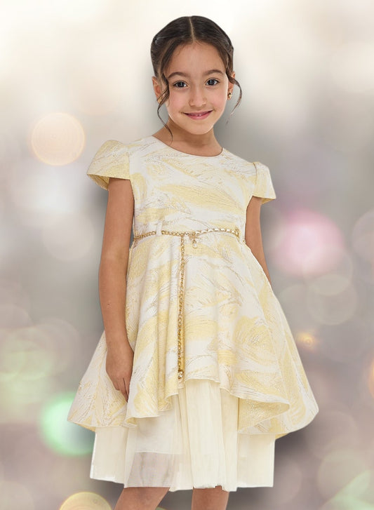 Girls Chic Yellow/Gold Jacquard & Tulle Party Dress