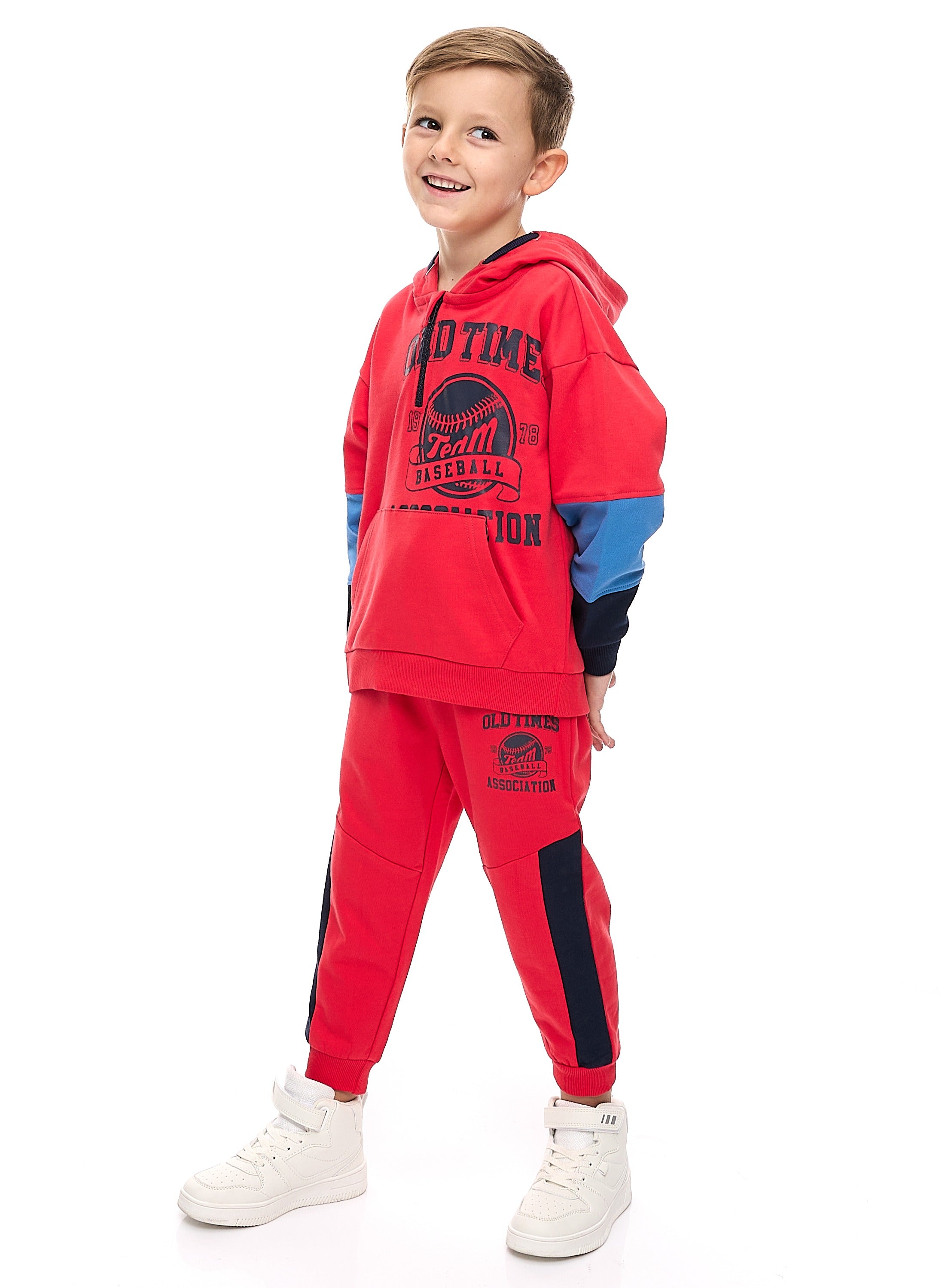Boys 2-Piece Set  Red/Navy Cut & Sew Hoodie And Jogger Set