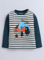 Boys' 3-Piece Set - Stripe Long Tee, Dark Green Fullzipper Hoody Jacket And Dark Green Jogger Sets ,