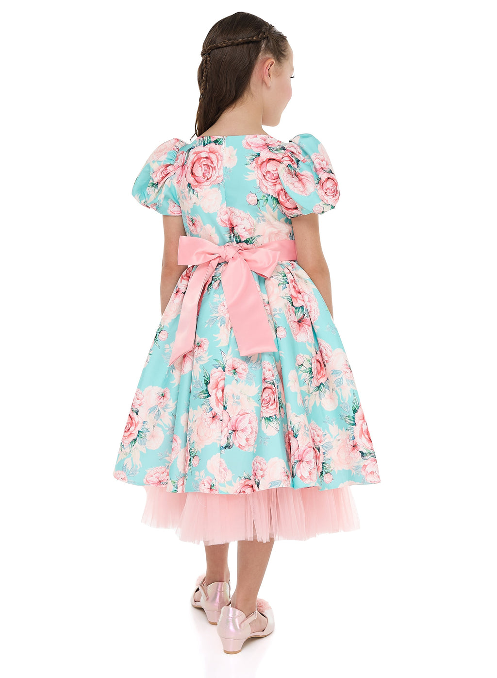 Victor And Jane Floral Satin Dress With Mesh Edge