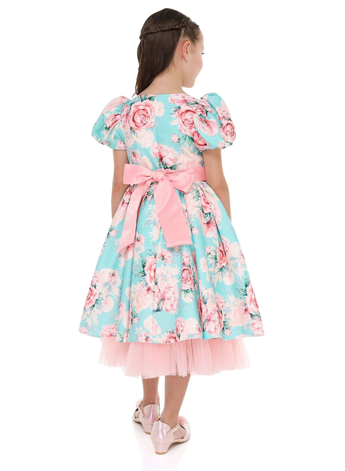 Victor And Jane Floral Satin Dress With Mesh Edge