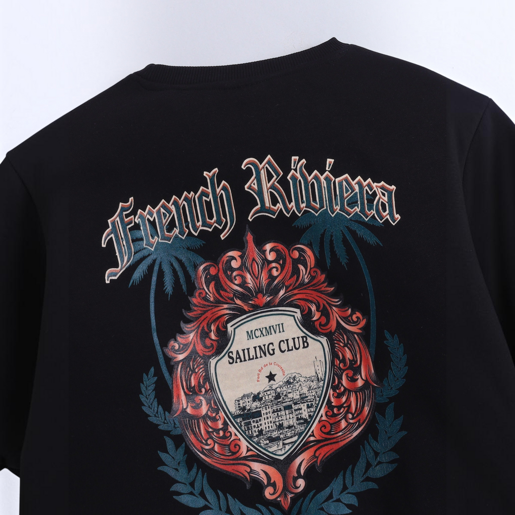 victor and jane boys black graphic sweatshirt featuring a French Riviera sailing club crest print on the back
