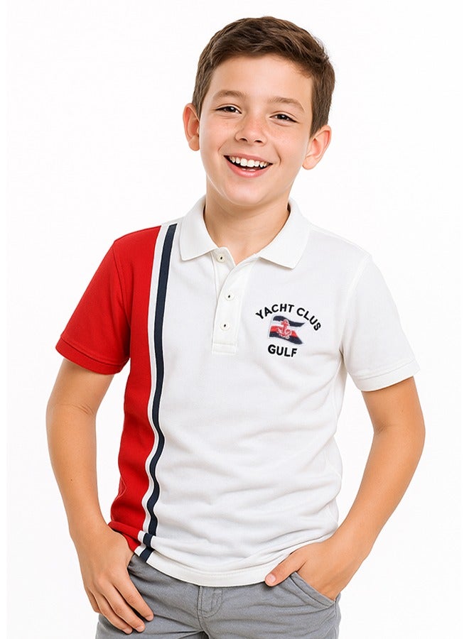Victor & Jane Junior Boys' Polo T-Shirt – Comfortable Cotton Casual Wear - White & Red