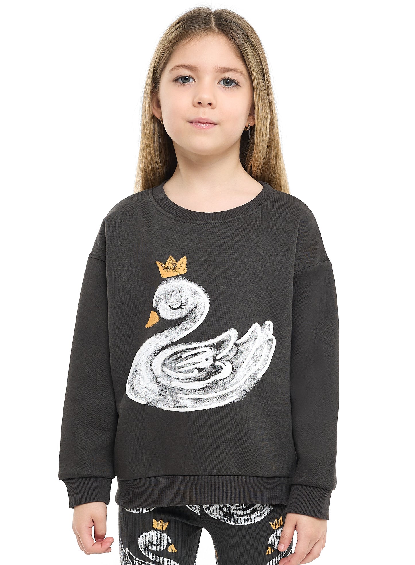 Girls Crowned Swan Fleece Tracksuit – Black 2-Piece Set