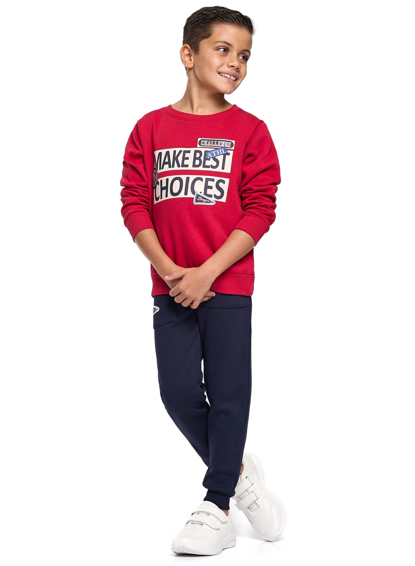 Boys' Red & Navy Winter Fleece Set – Sweatshirt & Jogger with "Make Best Choices" Print