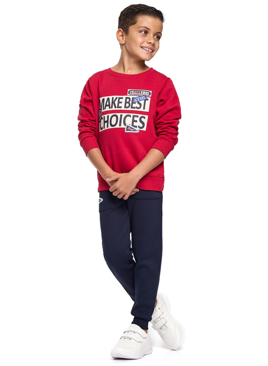 Boys' Red & Navy Winter Fleece Set – Sweatshirt & Jogger with "Make Best Choices" Print