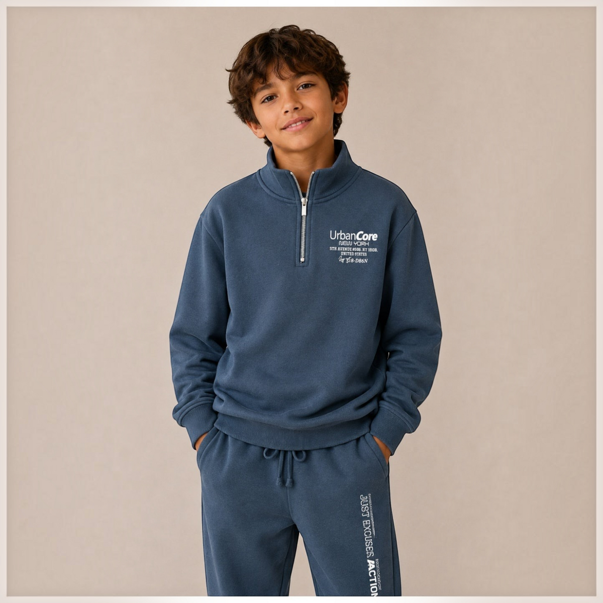 A young boy wearing a blue victor and jane half zip fleece sweatshirt and matching jogger pants set.